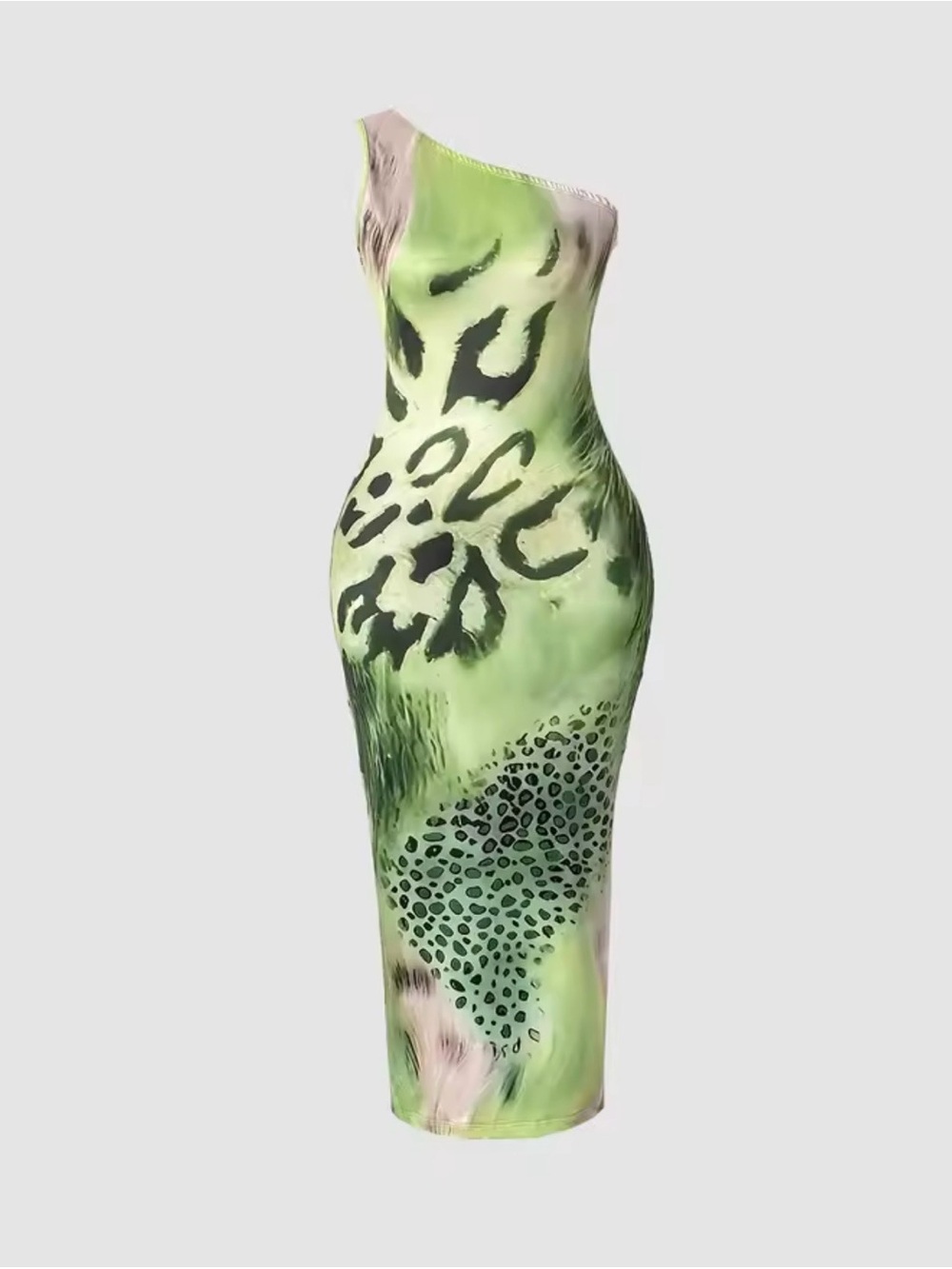 One-Shoulder Green Animal Print Bodycon Dress